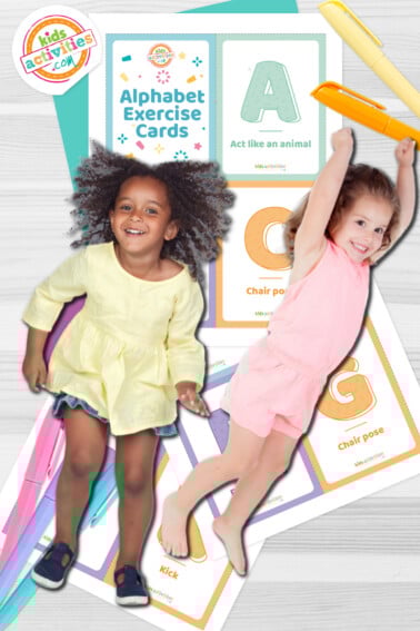 Alphabet exercise cards printed with two kids playing and jumping