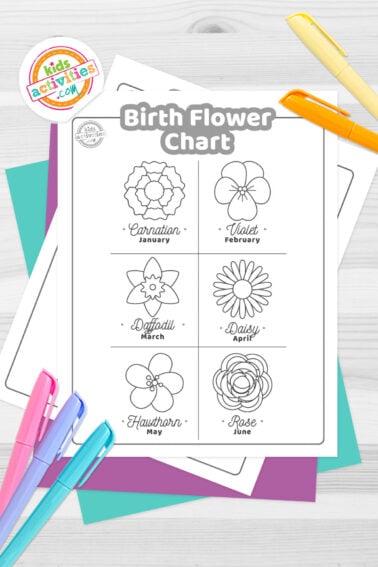 Black and white birth flower chart printable on top of blue-green and purple sheets with assorted markers on a dark grey background. printed pdf version from Kids activities blog.