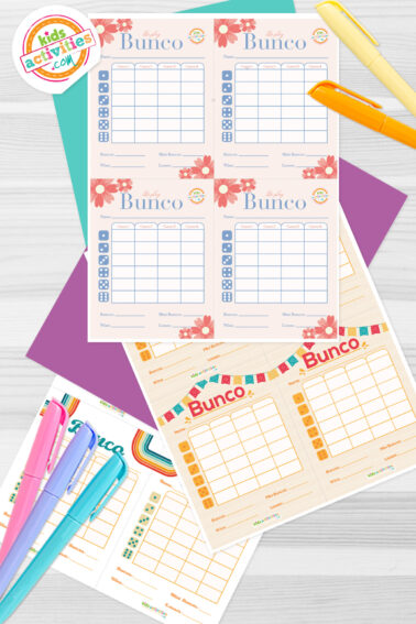 Image shows a compilation of bunco party box printables over a gray background.