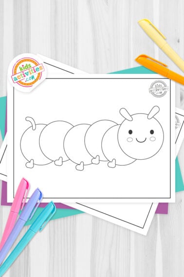 Black and white caterpillar template printables on top of blue-green and purple sheets with assorted markers on a dark grey background. printed pdf version from Kids activities blog.