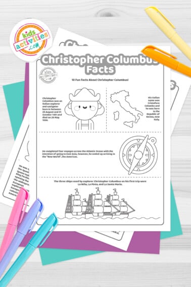 Printable Christopher Columbus facts on top of colored pages with pencils and markers next to them.