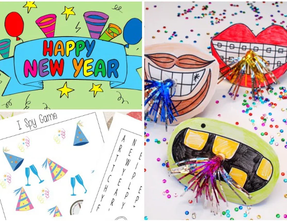 A collage of different NYE activities and printables.