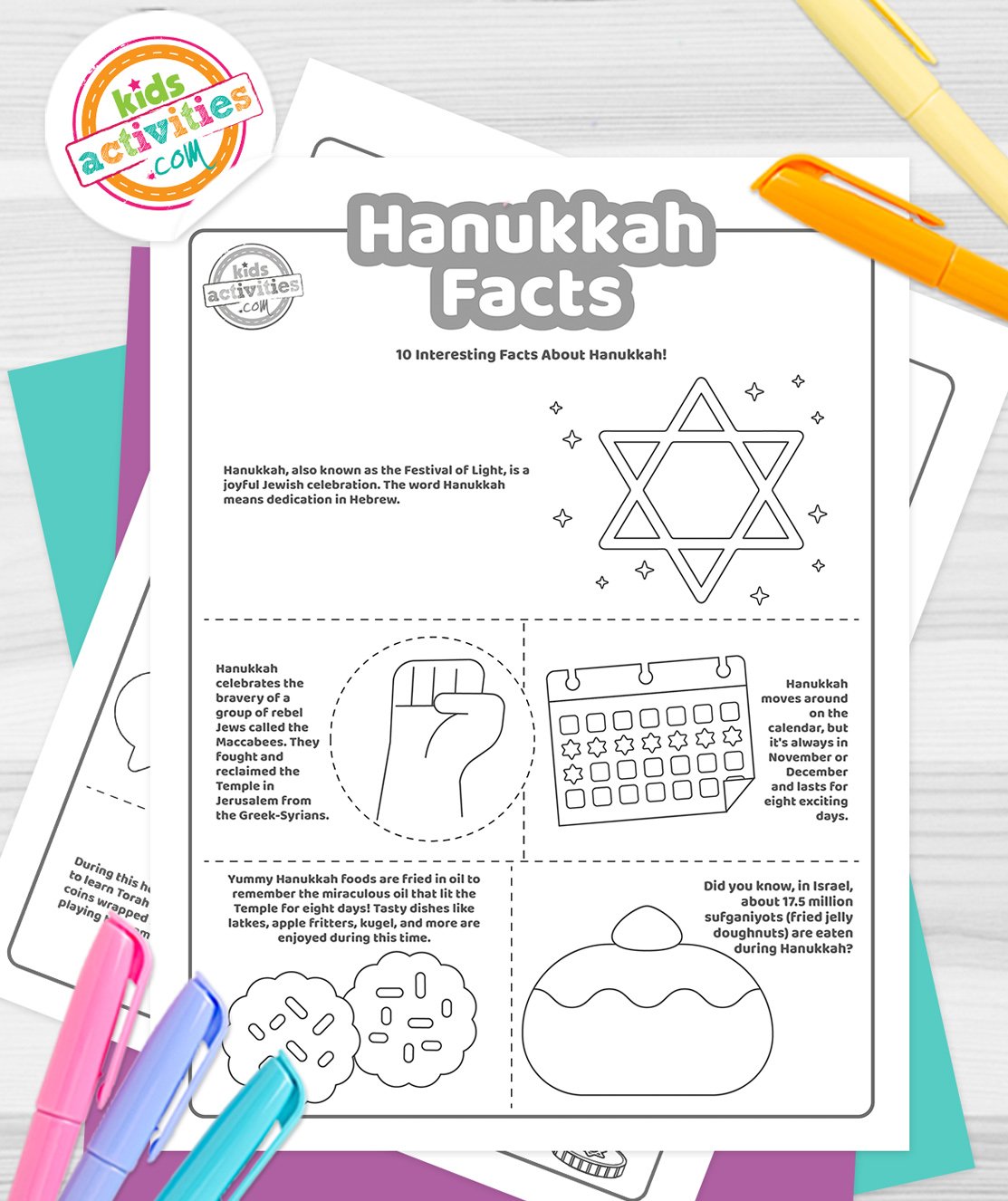 Stack of printed Hanukkah facts printables on top of green and purple pages, with markers next to them, on top of gray background.