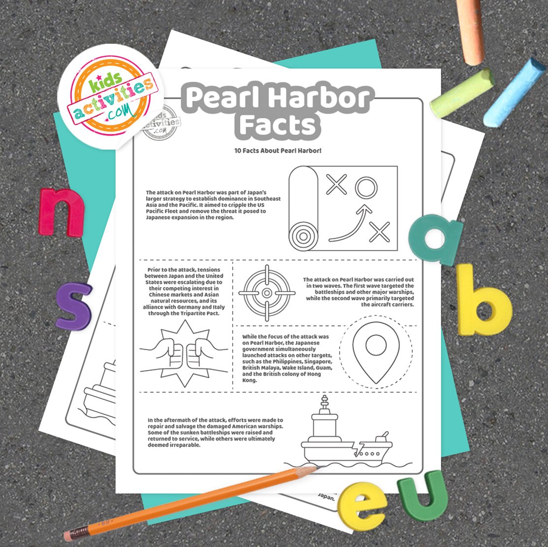 Stack of printed Pearl Harbor facts printables on top of green and purple pages, with markers next to them, on top of a gray background.