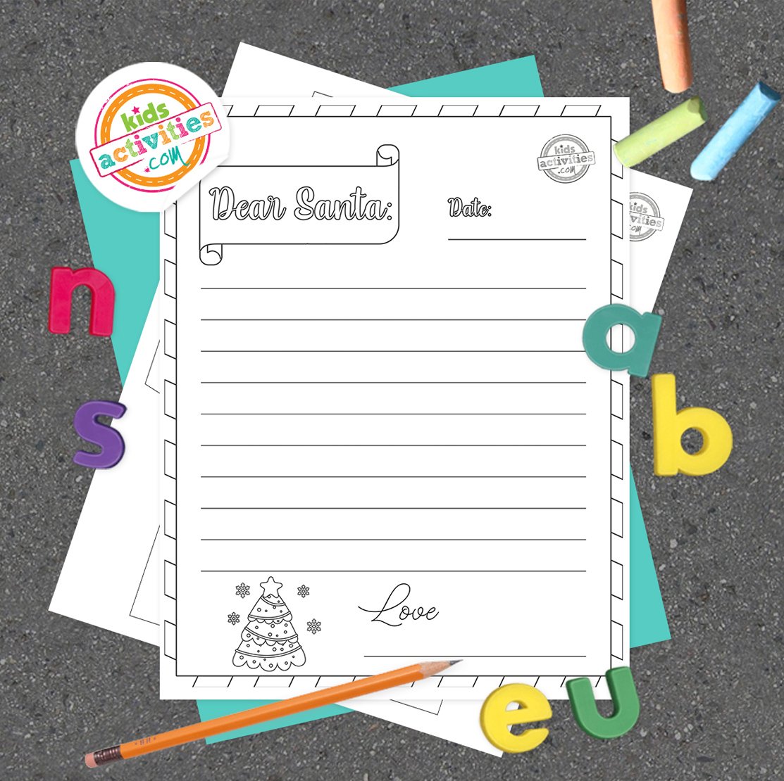 Stack of printed Santa stationery printables on top of green and purple pages, with markers next to them, on top of a gray background.