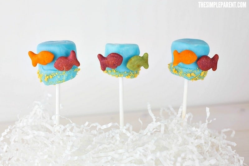 Dr Seuss inspired marshmallow pops with one fish two fish from The Simple Parent