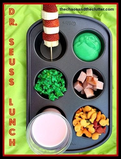 Dr Suess lunch idea using a muffin tin from The Chaos and the Clutter for Dr Seuss Day