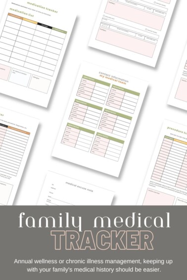a photo of sample pages from a printable medical record and medical history tracker.
