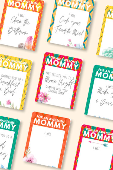 set of printable coupons for mom shown printed pdf arranged on background