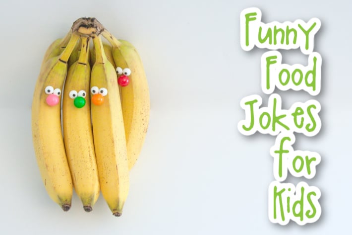 Funny Food Jokes for kids (text) - bunch of yellow bananas with funny clown noses and googley eyes - Kids Activities Blog