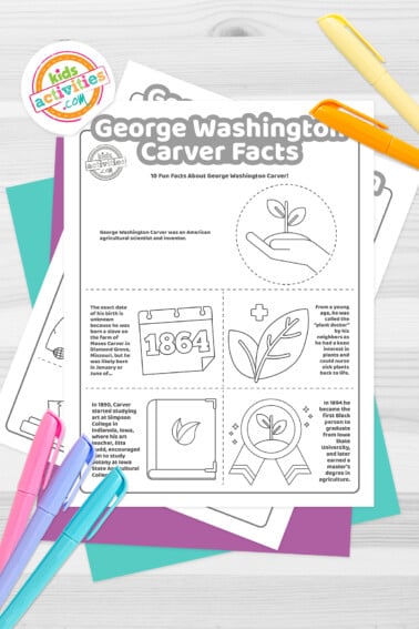 Black and white coloring pages with George Washington Carver facts lying on top of blue-green and purple sheets with assorted markers on a light grey background.