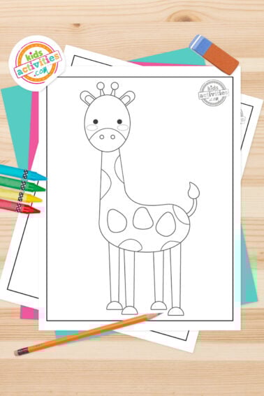 Black and white giraffe template printables on top of blue-green and purple sheets with assorted markers on a dark grey background. printed pdf version from Kids activities blog.