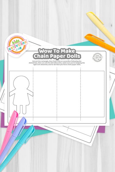 Image shows a chain paper dolls template from Kids Activities Blog