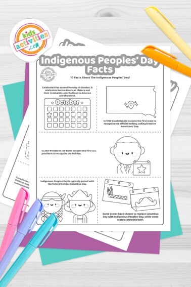Black and white printable fun facts about Indigenous Peoples’ day with simple drawings representing each fact; on top of blue-green and purple sheets with assorted crayons on a dark grey background. printed pdf version from Kids activities blog.