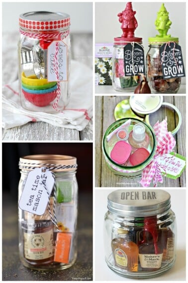 15 DIY Gifts In A Jar that include baking goods, tea, booze, bath and body works