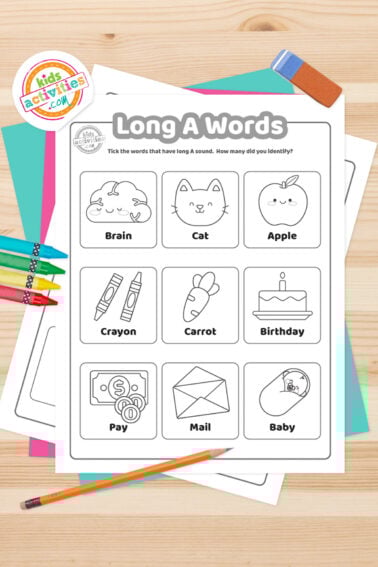 Black and white printed long A words worksheets on top of blue-green and purple sheets with assorted markers on a dark grey background. printed pdf version from Kids activities blog.