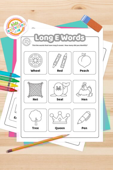 Black and white printed long e words worksheets on top of blue-green and purple sheets with assorted markers on a dark grey background. printed pdf version from Kids activities blog.