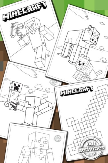 Minecraft coloring pages for kids with printed pdf versions shown on Minecraft background