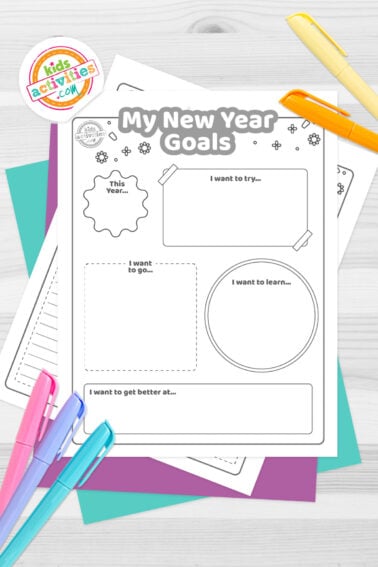 Black and white my new year goals printables on top of blue-green and purple sheets with assorted markers on a dark grey background. printed pdf version from Kids activities blog.