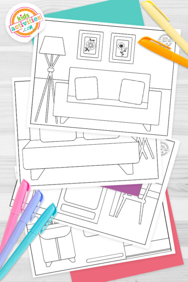 Image shows a set of 4 different paper doll house coloring pages from Kids Activities Blog