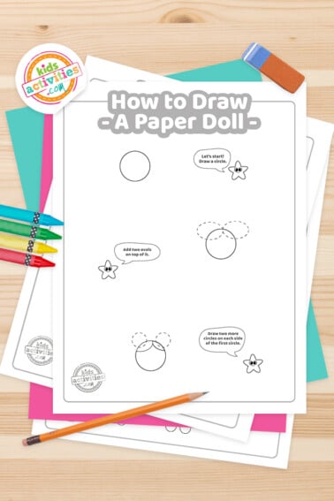 Image shows a how to draw a paper doll tutorial from Kids activities blog