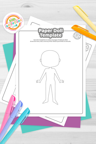 Image shows the printable paper doll template on top of other coloring pages and next to some colorful markers. From Kids Activities Blog