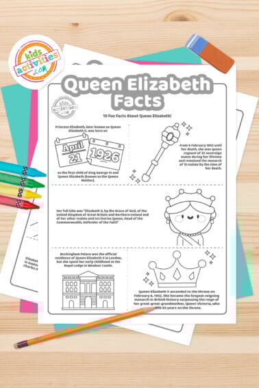 Black and white coloring pages with Queen Elizabeth facts lying on top of a blue-green sheet with multicolored letters on a light brown background.