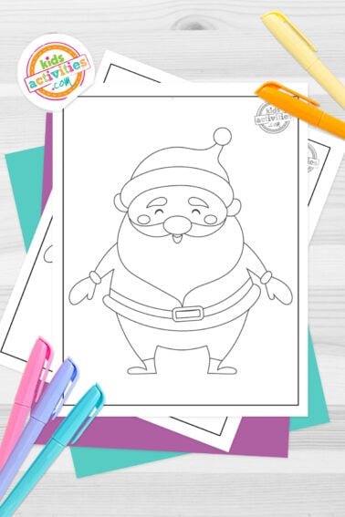 Black and white Santa Claus outline printables on top of blue-green and purple sheets with assorted markers on a dark grey background. printed pdf version from Kids activities blog.