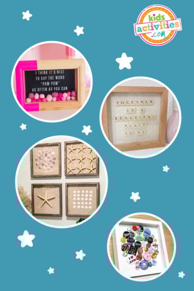 Collage of different shadow boxes to showcase keepsakes, on top of a blue background with star designs.