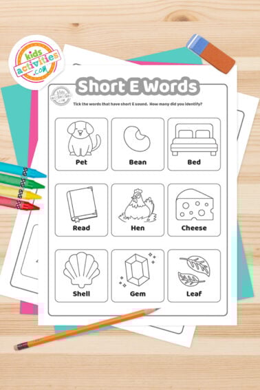 Black and white printed short e words worksheets on top of blue-green and purple sheets with assorted markers on a dark grey background. printed pdf version from Kids activities blog.