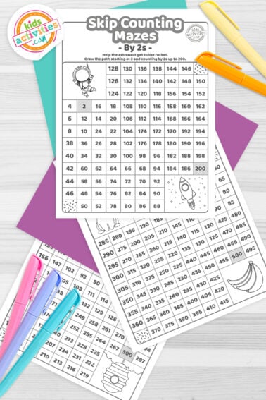 Image shows a compilation of skip counting mazes from Kids Activities Blog