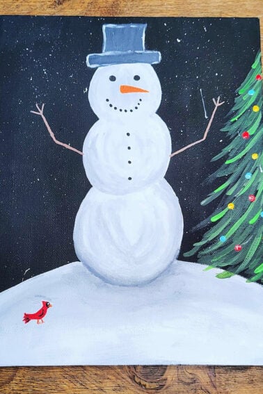 Snowman painting with hat, bird and christmas tree- kids activities blog
