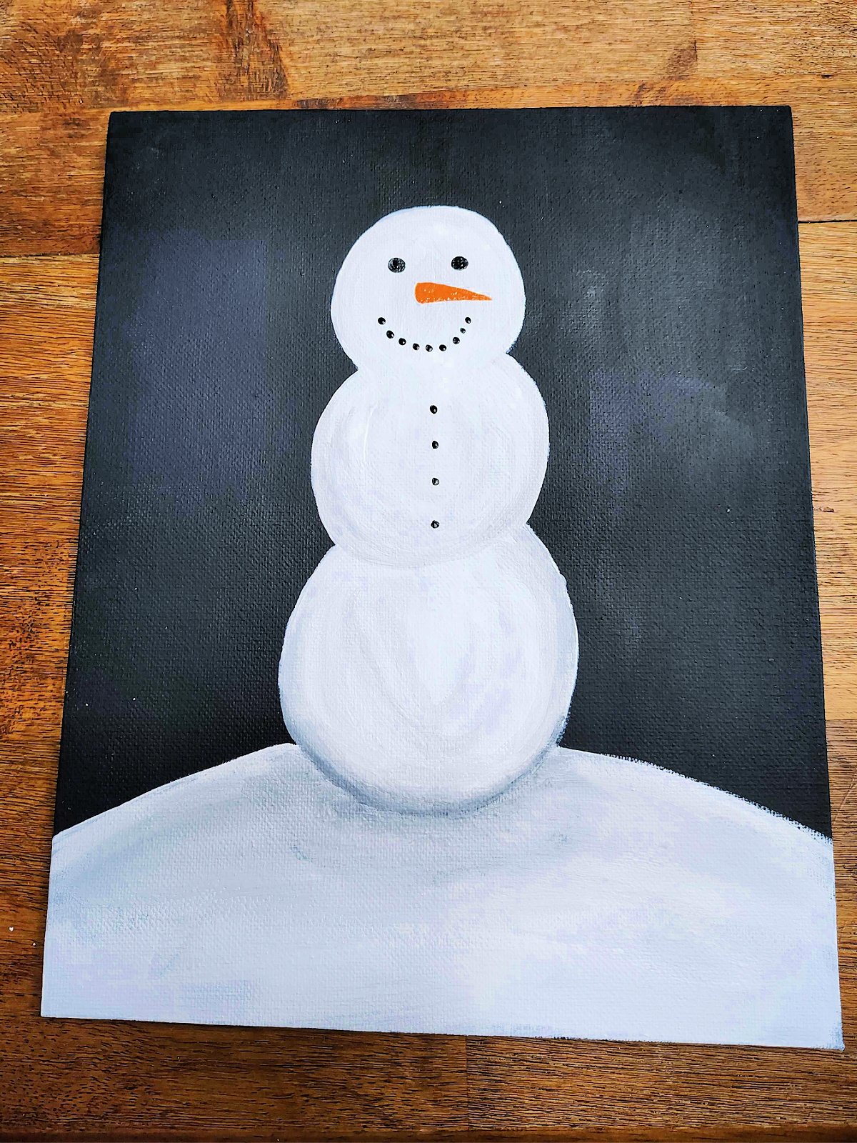 Snowman Craft- Step 5- Black eyes, mouth, buttons, and carrots painted on snowman- Kids Activities Blog