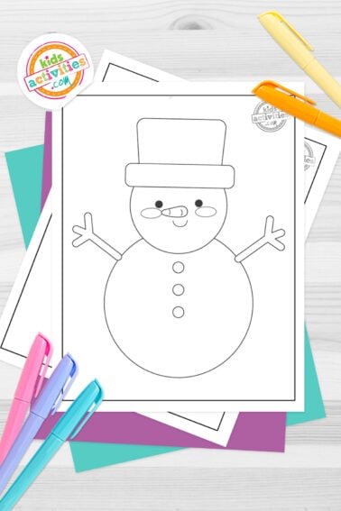 Black and white snowman template printables on top of blue-green and purple sheets with assorted markers on a dark grey background. printed pdf version from Kids activities blog.
