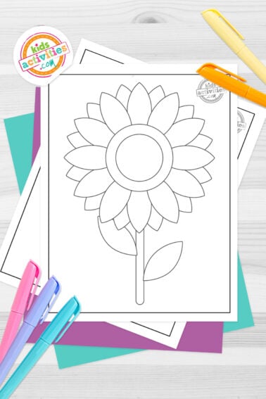 Black and white sunflower outline printable on top of blue-green and purple sheets with assorted markers on a dark grey background. printed pdf version from Kids activities blog.