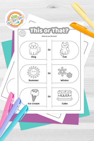Black and white this or that questions for kids printable on top of blue-green and purple sheets with assorted markers on a dark grey background. printed pdf version from Kids activities blog.
