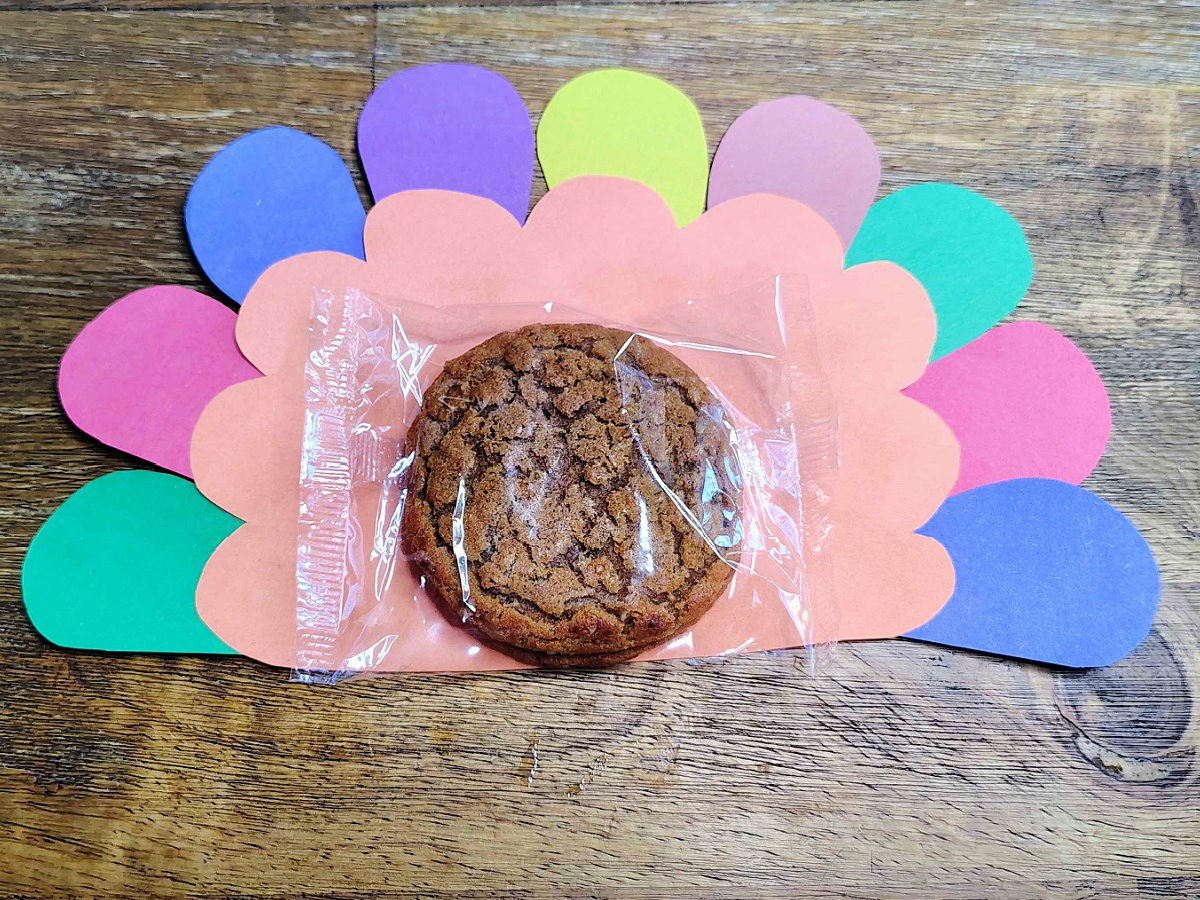 Turkey Craft- Step6 - colorful feathers glued to cookie - Kids Activities Blog