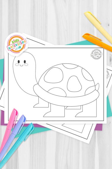 Black and white turtle template printables on top of blue-green and purple sheets with assorted markers on a dark grey background. printed pdf version from Kids activities blog.