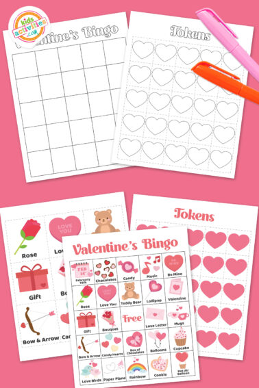 Full color set of printable Valentine’s Day bingo games coupons with different cards and heart tokens to celebrate St. Valentine’s Day, as well as a black and white version, on top of blue-green and purple sheets with assorted crayons on a dark grey background. printed pdf version from Kids activities blog.