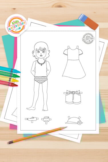 Image shows a vintage paper doll printable activity from Kids Activities Blog