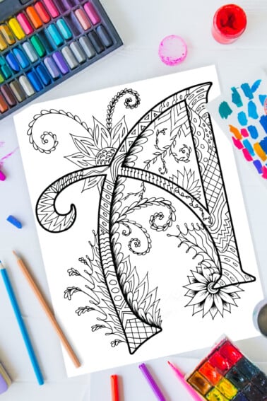 Zentangle Alphabet - Zentangle Letter A coloring page from Kids Activities Blog on a background of art supplies