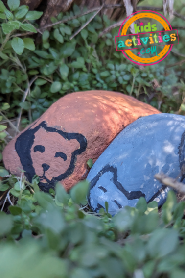 Finished painted hibernating pet rock art craft for kids on the ground outside - Kids Activities Blog