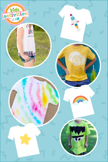 Image shows a compilation of activities for children's t-shirts from different sources.