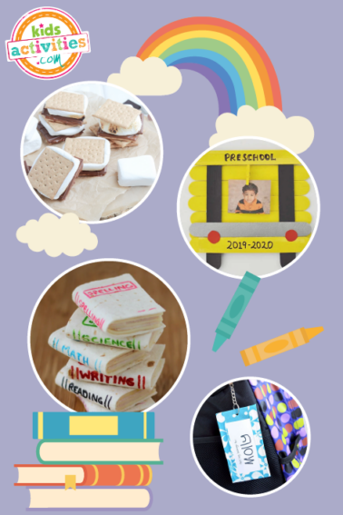 Image shows a collage of August holidays activities for kids: smores, back to school crafts, mini book sandwiches, etc, on top of a blue background with crayons.