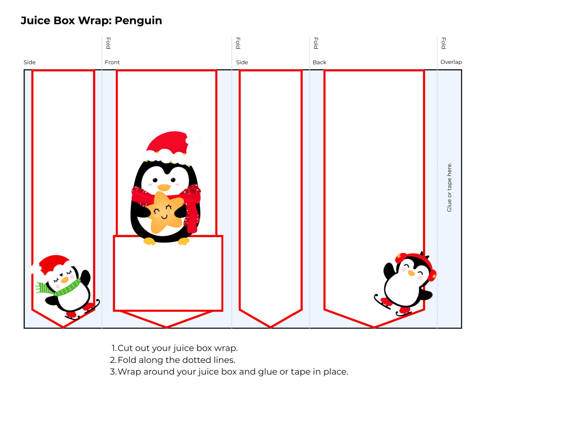 Printable Christmas Juice Box Cover- penguin printed pdf file with festive penguins- kids activities blog