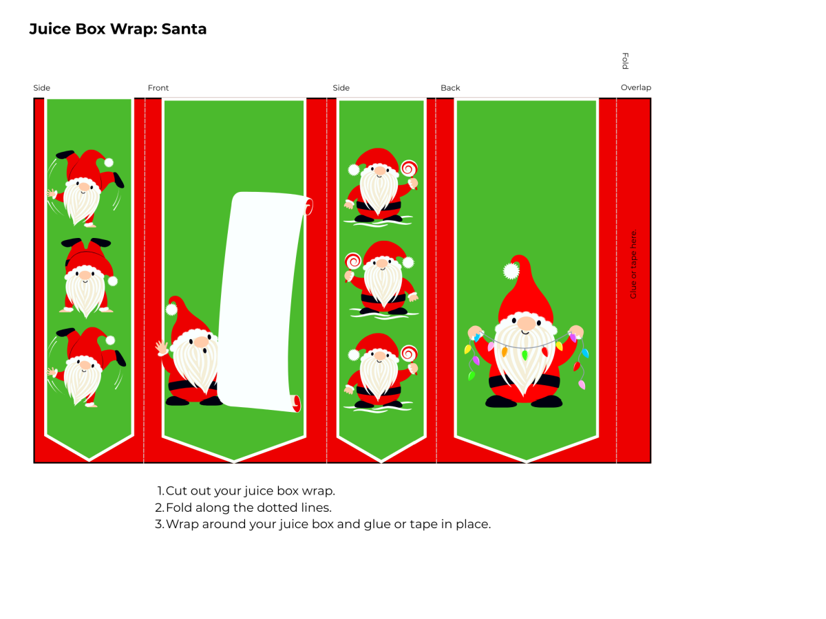 Christmas Printable Juice Box Covers- santa red and green printed pdf file- kids activities blog