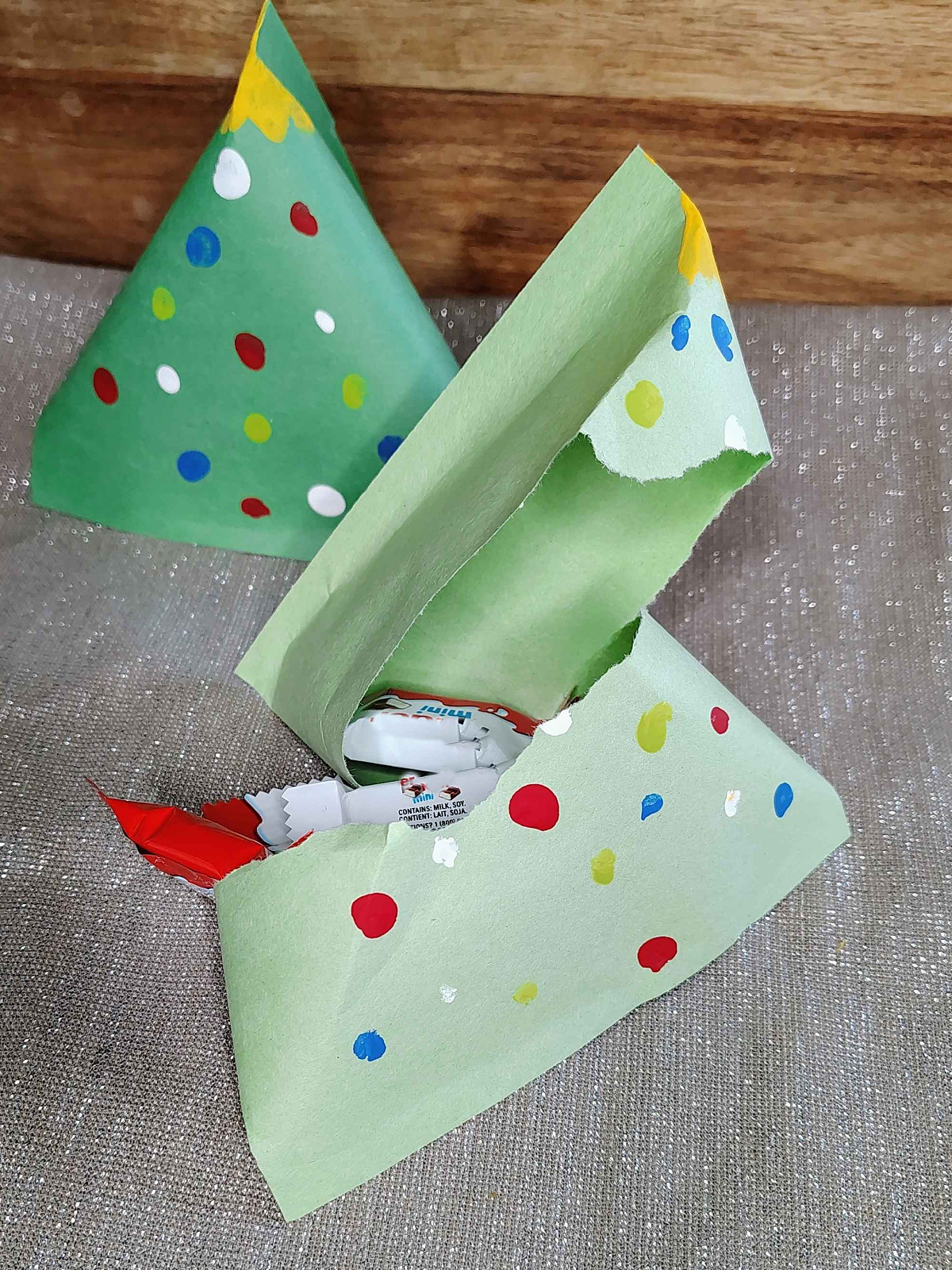 Christmas Tree Treat Bags- Finished- Ripped open with candy - Kids Activities Blog