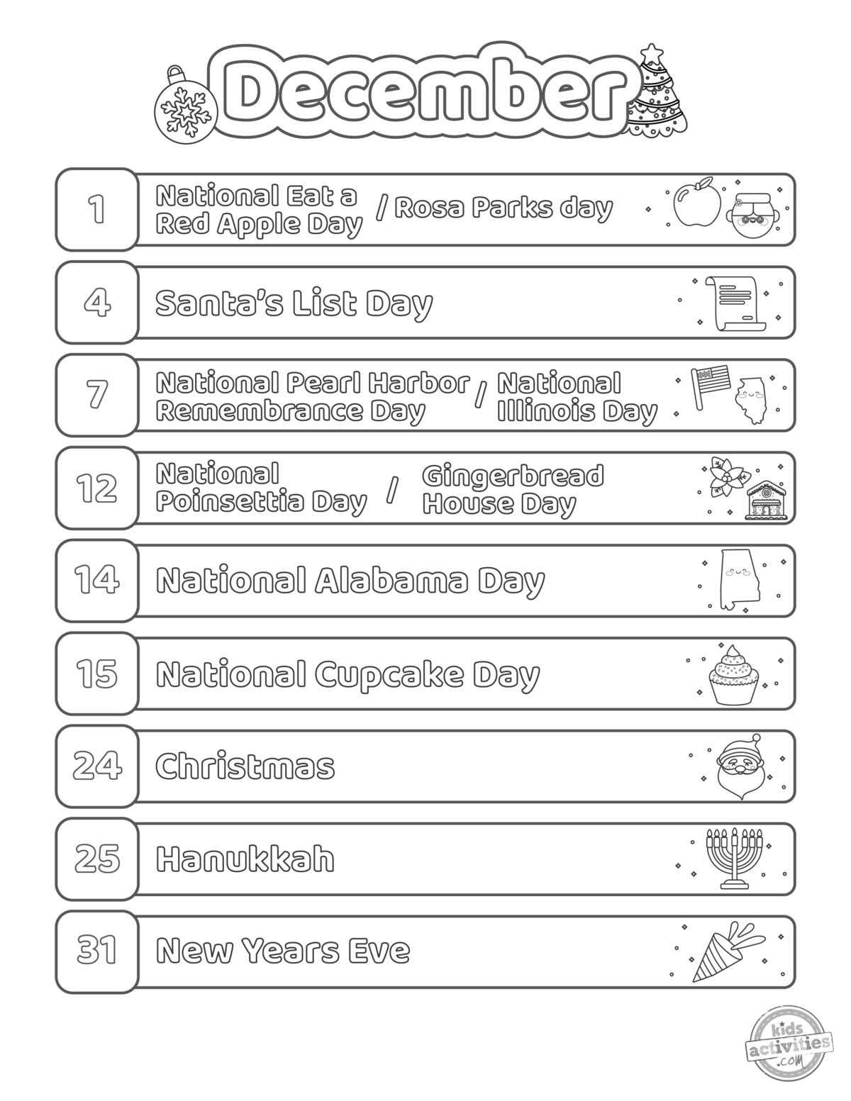 A black and white december calendar with the month's holidays.