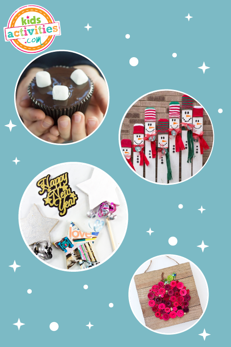 Collage of December holiday activities, such as  winter crafts, new year activities, and more, over a blue background with winter decorations.