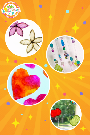 Image shows an orange background with circular pictures of suncatchers in different styles and colors from Kids Activities Blog.